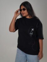 Black oversized tee with wine glass and travel icons graphic Lascialo Essere Wine Time Drop 01
