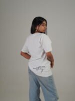 White oversized tee with Don't Ctrl Everything side print and No Risk no story back print Lascialo Essere No Risk Drop 01