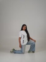 White oversized tee with Don't Ctrl Everything side print and No Risk no story back print Lascialo Essere No Risk Drop 01